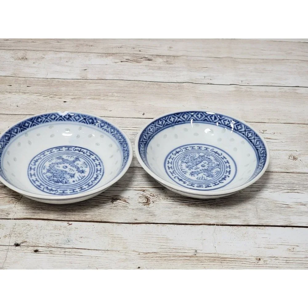 x3 Chinese Rice Grain Small‎ Bowls, Soya Sauce Bowls, Blue and White China